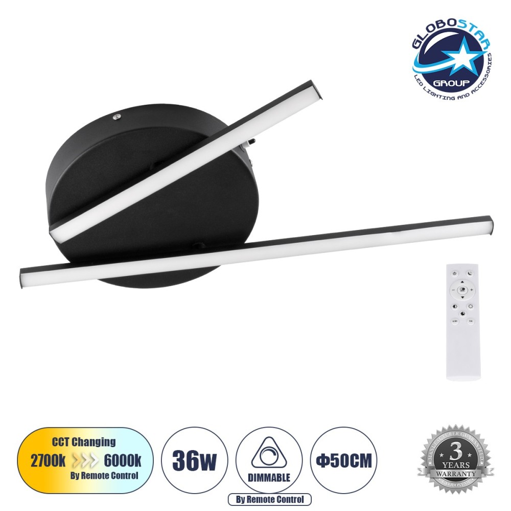 GLOBOSTAR® DRACO 61091 Μοντέρνο Φωτιστικό Οροφής LED 36W 4428lm 120° AC 220-240V IP20 Ρυθμιζόμενο Λευκό CCT με Χειριστήριο από 2700K έως 6000K Dimmable - Lumileds SMD Chip - Μαύρο Ματ - Μ50 x Π50 x Υ6cm - 3 Χρόνια Εγγύηση